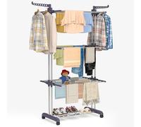 bigzzia Clothes Drying Rack Folding Clothes Rail 3 Tier Clothes Horses Rack Stainless Steel Laundry Garment Dryer Stand with Two Side Wings Grey