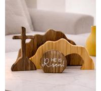 Bihanvse Christian Easter He is Risen Decor, Empty Tomb Cross Easter Decoration for Home, Easter Wooden Resurrection Scene Set Table Mantel Office Kitchen Decor Gift (Brown-4pcs)