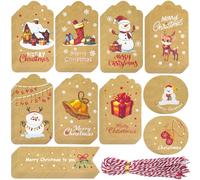BIHIYII Christmas Tags, 50 Pcs 10 Design Xmas Gift Tags for Presents, Kraft Xmas Tag Hanging Labels with 50 Pcs String for Christmas Decoration