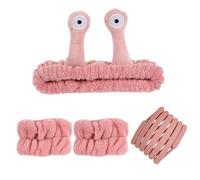 Biiange Cute Plush Snail Hairband, Plush Wristband, Stretchable Folding Headband for Women Girls Combo Washing Face or Facial Makeup Skincare Head Band (4PCS, 1 Set pink)