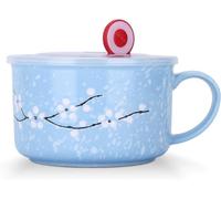 Biigming Large Ceramic Mug with Lid and Handle 800ml Breakfast Mugs Noodle Bowl Cherry Blossoms Among Snow Flake Pattern for Noodle Salad Cereal Bowl (Blue)