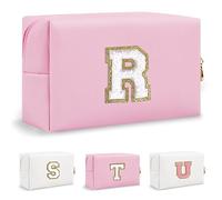Biileen Personalized Initial Preppy Makeup Bag Small Cute Travel Chenille Letter Pouch, Pink, R