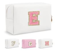 Biileen Personalized Initial Preppy Makeup Bag Small Cute Travel Chenille Letter Pouch, White-1, E
