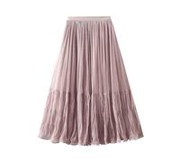 BiilyLi Women's Layered Tulle Long Skirt Elastic High Waist Fashion Mesh A-Line Party Tutu Pleated Skirt