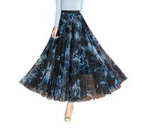 BiilyLi Women's Tulle Skirt Mesh Elastic High Waist Layered Pleated Skirt Floral Print A-Line Midi Party Casual Flowy Tutu Skirt S