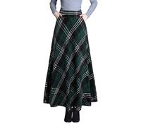 BiilyLi Women's Winter Wool Maxi Skirt High Waist Elegant Plaid Casual Party A-line Long Skirt 1929 Green -3XL(Elastic Waist:93 cm)