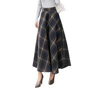 BiilyLi Women's Winter Wool Maxi Skirt High Waist Elegant Plaid Casual Party A-line Long Skirt 1952 Dark Blue -XL(Elastic Waist: 83 cm)