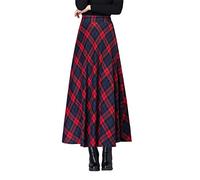 BiilyLi Women's Winter Wool Maxi Skirt High Waist Elegant Plaid Casual Party A-line Long Skirt 1953 Red -XL(Elastic Waist: 83 cm)