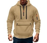 BIISDOST Hoodies For Men Quarter Zip Lightweight Gym Sweatshirt Long Sleeve Cargo Pullover Slim Fit Fleece Sports Jumper Hooded Sweatshirts Classic Work Hoodie Fashion Casual Jumper With Pocket Khaki