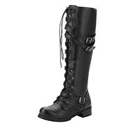 BIISDOST Knee High Boots Women's Black Leather Knight Boots Riding Boots with Heel Slip On Boots Overknee Boots Punk Gothic Retro Western Boots Long Shaft Boots Lace Up Cowboy Boots, black, 9 UK
