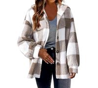 BIISDOST Teddy Fleece Coat Women's Checked Hooded Jacket Warm Winter Jacket Loose Fleece Jacket Checked Winter Jacket Button Down Jacket Fleece Cardigan Large Sizes Sweatshirt Winter Coat Loose,