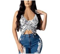 BIISDOST Women's Sequin Top Butterfly Crop Tops Belly Dance Costume Festival Club Blouse Sexy Tank Halterneck Bandage Tops Party Wear Dance Outfits Summer Tank Top Breathable Vest, silver, One size