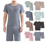 biJerou Men's Solid Colour Short Sleeve Pyjama Set - Loungewear 2 Pieces Lounge Sleepwear With Elastic Waist Shorts Costumes Suits (Blue, 4XL)