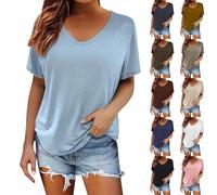 biJerou Summer Solid Color Deep U Neck Short Sleeved T Shirt for Women Plus Size Inner Layer Base Shirt Thin Style Can Be Worn Outside Loose Fit Top Large Women's Dailywear Tops (Blue, XL)
