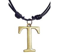 Bijoux de Ja Antique Bronze English Alphabet Capital Letter Initial Monogram Charm Pendant Adjustable Black Cord Necklace, L, waxed thread cord, non