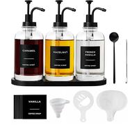 BIKALAN Coffee Syrup Dispenser Bottle with Tray, 16.9 oz 500ml Black Simply Syrup Pump Bottles with 36 Labels for Coffee Bar Station Organization, with Spoon, Coffee Art Pen, Coffee Stencils, Funnel