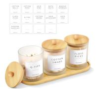 BIKALAN Glass Cotton Bud Holder, Bathroom Organizer Set with Tray, Storage Organizer with 28 Labels, Cotton Pad Holder for Cotton Ball, Floss, Hair Clips, Qtip, Bathroom Containers Dispenser 3 PACK