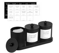 BIKALAN Glass Cotton Bud Holder, Bathroom Organizer Set with Tray, Storage Organizer with 28 Labels, Cotton Pad Holder for Cotton Ball, Floss, Hair Clips, Qtip, Bathroom Containers Dispenser 3 PACK