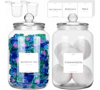 BIKALAN Laundry Detergent Pods Storage Glass, 2 x 3 Litre Washing Powder Glass Containers, Minimalist Style, 28 cm x 12 cm, Airtight, 26 Stickers, Flour, Pasta, Rice, Sweets Storage Jars