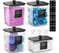 BIKALAN Pack of 4 Laundry Detergent Pods Storage, Washing Powder Glass Containers, Storage Jars with Lid, Airtight and 20 Stickers, Flour Container, Black Wooden Lids & Labels, Acrylic (Black)
