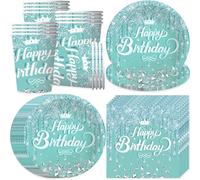 Bikasun Light Blue Party Tableware Set, 16 Guests, Blue Diamond Birthday Tableware, Children's Birthday Plates, Cups, Napkins, Paper Plates, Party Decoration, Girls, Boys, Table
