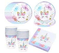 Bikasun Unicorn Party Tableware Set, 16 Guests Unicorn Plate Set, Unicorn Birthday Tableware, Children's Birthday Party Plates, Cups, Napkins, Paper Plates, Party Decorations