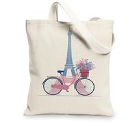 Bike Canvas Tote Bags, Vintage Floral Bike Design Reusable Grocery Bags, Chic Minimalistic Lightweight Washable Shoulder St, Beige, 13x15 Inch
