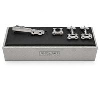 Bike Chain Cufflinks, Lapel Pin & Tie Bar Set for Men - Onyx Art CLT002 Premium Bicycle Chain Gift Set, Matching Cycling Accessories for Cyclists, Mountain Bikers & Formal Wear