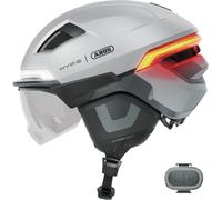 ABUS HYP-E B.LACE Bike Helmet - with Front, Rear and Indicator Light as well as Wireless Brake Light Activation - with Visor and Earmuffs - for Bike, e-Bike and S-Pedelec - Size L, Silver