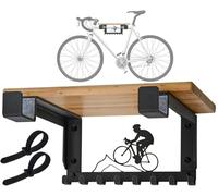 Bike Rack Wall Mount with Shelf and 8 Hooks Offer Horizontal Indoor Bike Storage for Sheds Garages. Wooden Bike Rack Bracket for Road, Mountain, Travel Bicycles, Maximizing Space