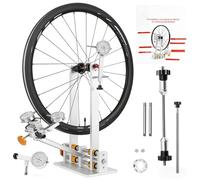 Bike Wheel Repair Stand, 4 Linear Slide Bearings, Detachable Base, Hub Width Adjustable 55-200mm, Multi-Size Spoke Wrench, Thru Axle & QR Hubs