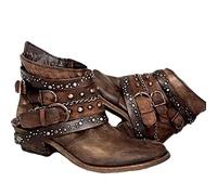 Biker Boots for Women,Ankle Cowboy Boots,Pirate Boot Women,Fashion Buckle Belt Boho Ankle Boot with Side Zipper Cowboy Motorcycle Leather Shoes Western Chunky Low Heel Shoes for Winter Autumn
