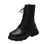 Biker Boots Women's Leather Lace-Up Ankle Boots Slip-On Boots Round Toe Low Heel Platform Boots High Quality Mid-Height Boots with Side Zip Classic Versatile, black, 9 UK