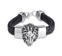 Biker Braided Leather Bracelet for Men Women Heavy Stainless Steel Lion and Black Genuine Leather Bracelets