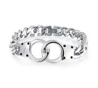 Biker Jewelry Interlocking Handcuff Bracelet for Men with Padlock Curb Chain Silver Tone Stainless Steel 8 Inch