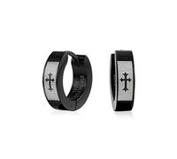 Biker Jewelry Small Religious Mid Evil Laser Etched Fleur De Lis Cross Black Huggie Hoop Kpop Earrings For Men Or Women Teens Black Ip Plated Silver Tone Stainless Steel