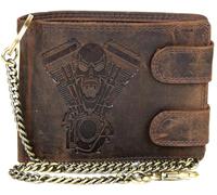 Biker Men's Cognac Leather Wallet with Skull & V2 Motor Embossing - Wallet with Chain, RFID Protection, 10 Card Slots, Coin Compartment & Zip Compartment - Rocker Wallet Motorcycle Style, brown, 10.0