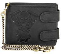 Biker Men's Cognac Leather Wallet with Skull & V2 Motor Embossing - Wallet with Chain, RFID Protection, 10 Card Slots, Coin Compartment & Zip Compartment - Rocker Wallet Motorcycle Style, black, 10.0