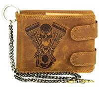 Biker Men's Cognac Leather Wallet with Skull & V2 Motor Embossing - Wallet with Chain, RFID Protection, 10 Card Slots, Coin Compartment & Zip Compartment - Rocker Wallet Motorcycle Style, Cognac, 10.0