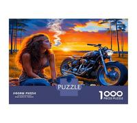 Biker Sunset Road 1000pc Jigsaw Puzzle Bundle Rebel Spirit Vibe Premium Jigsaw Puzzle Premium Cardstock Senior Enthusiasts Concentration Training Housewarming Office Break Gift Game 70x50cm/1000pcs