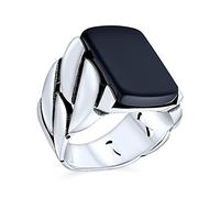 Biker Urban Classic Braided Cable Wheat Wide Link Chain Band Heavy Solid Black Onyx Gemstones Rectangle Large Statement Signet Ring For Men .925 Sterling Silver Handmade In Turkey