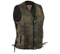 Bikers Gear Australia Premium 1.3mm Soft Cowhide Harley Style Leather Vest with Adjustable Lace Sides and Pockets, Distressed Brown, Size S