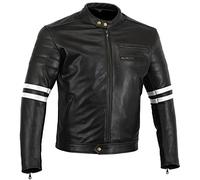 Bikers Gear The Rocker Motorcycle Black Leather Cafe Racer Jacket CE1621-1 PU Armour, White, UK 52 EU 62 6XL