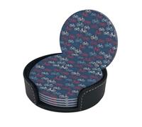 Bikes Bicycle Cycling Print Chic Round Leather Coasters â€“ Set Of 6 Full-Print Coasters In A Premium Pu Leather Storage Box