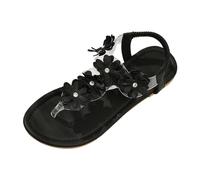 BIKETAFUWY Women's Sandals Leather Floral Decor Rhinestone Strappy Back Elastic Back Strap Flat Slip-On Slip-On | Beach Holiday Summer Home Pool, 01 Black, 9 UK