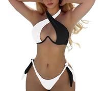 Bikini Set,Womens Bikini Sets,Ribbed Bikini Sets for Women Sexy Triangle Top Two Piece Bathing Suit Tie Side Swimsuit (Black, S)