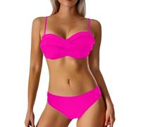 Bikini Set Women's Two Piece Swimsuit Push Up Bikini Bra Set with Glitter Fabric and Fringe Crochet Bikini Top, Hot Pink, S
