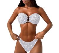 Bikini Sets for Older Ladies Sequin Sparkly Two Piece Swimsuit Beach Bathing Suit Push Up Triangle Bikinis Bra Warp Tops and Sexy Cheeky Thong Set Boyleg Tummy Control Swimming Costume Women S-L