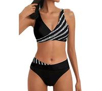 Bikini Sets for Older Women UK Two Piece Swimsuits High Waisted Top Swimwear Tankini Bottoms Tummy Control Printed Plus Size Bathing Suits Beachwear String Bikini A01 Black M