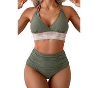 Bikini Sets for Women Halter Deep V Neck Swimwear Backless High Waisted Two-Piece Swimwear Set Tummy Control Bikini(Green,M)